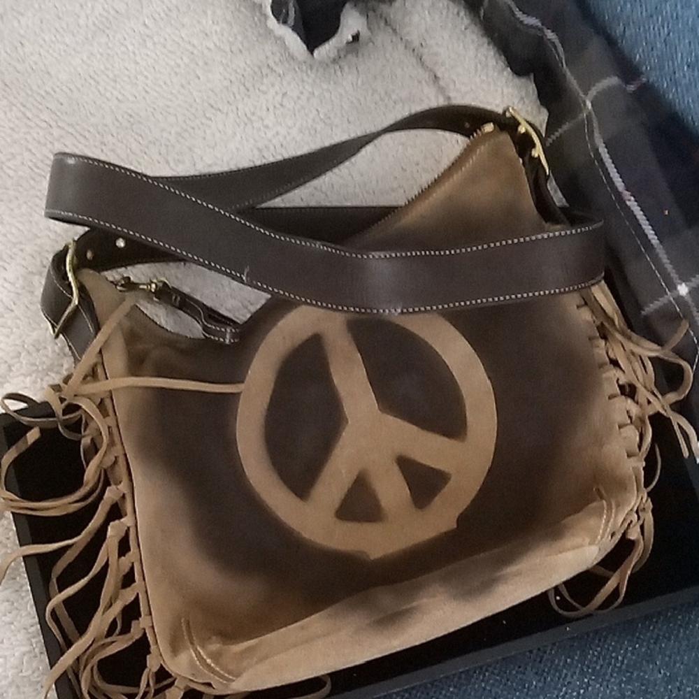 Coach Brown Leather Shoulder Bag with Distressed Peace Sign - Picture 2 of 7